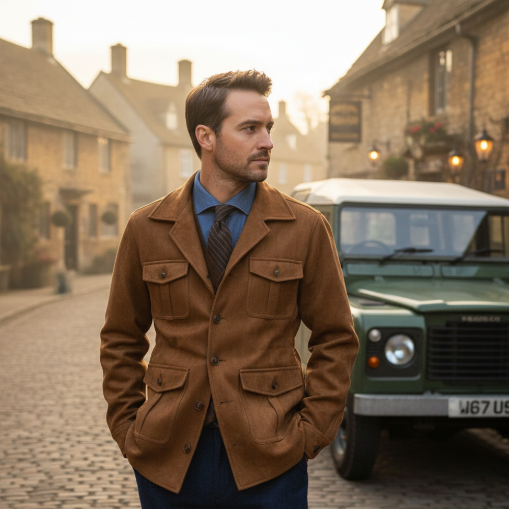 Men’s Suede-Look Country Hunting Jacket - Button up with Pockets