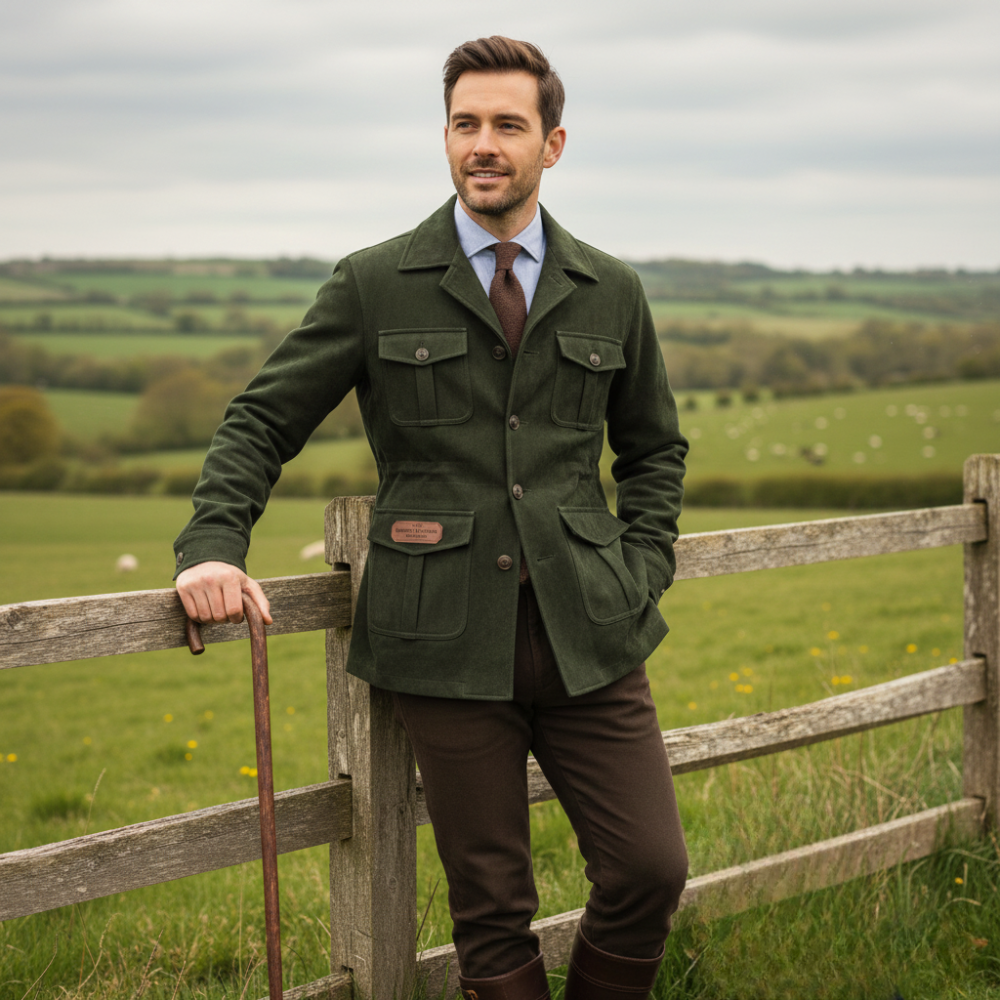Men’s Suede-Look Country Hunting Jacket - Button up with Pockets