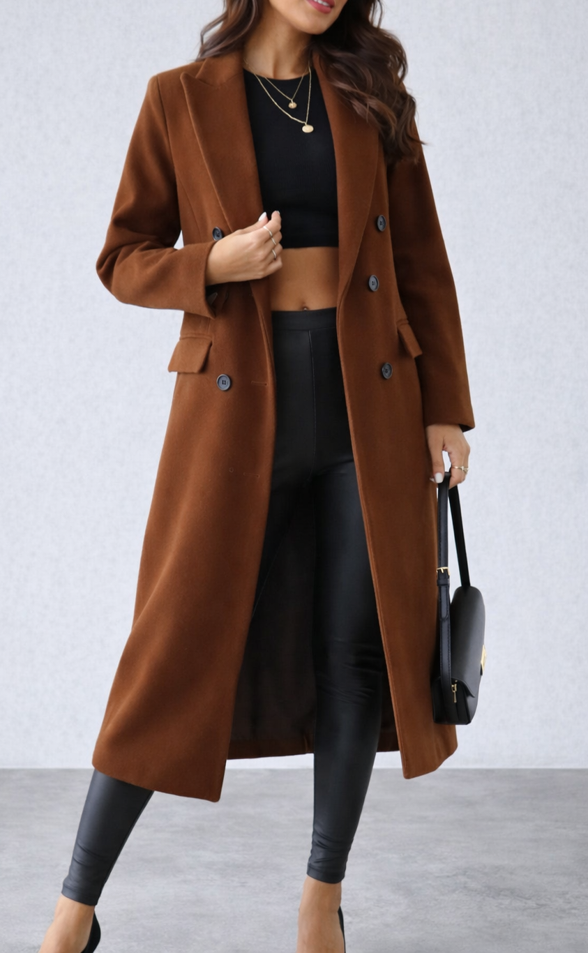 Women’s Double-Breasted Longline Overcoat – Structured Fit