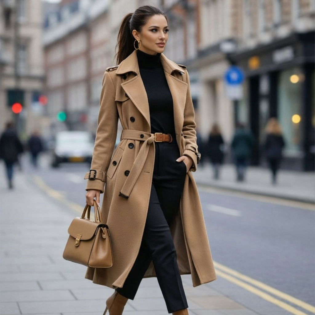 Elegent Long Trench Coat with Belt for Women
