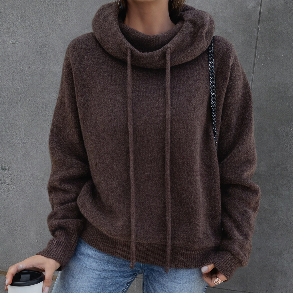 Women's Cowl Neck Knit Hoodie – Comfortable Relaxed Fit Pullover