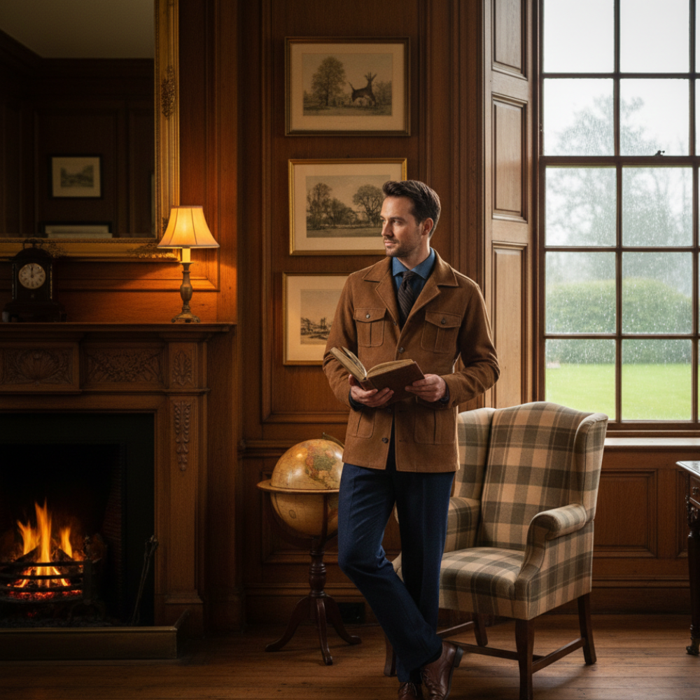 Men’s Suede-Look Country Hunting Jacket - Button up with Pockets
