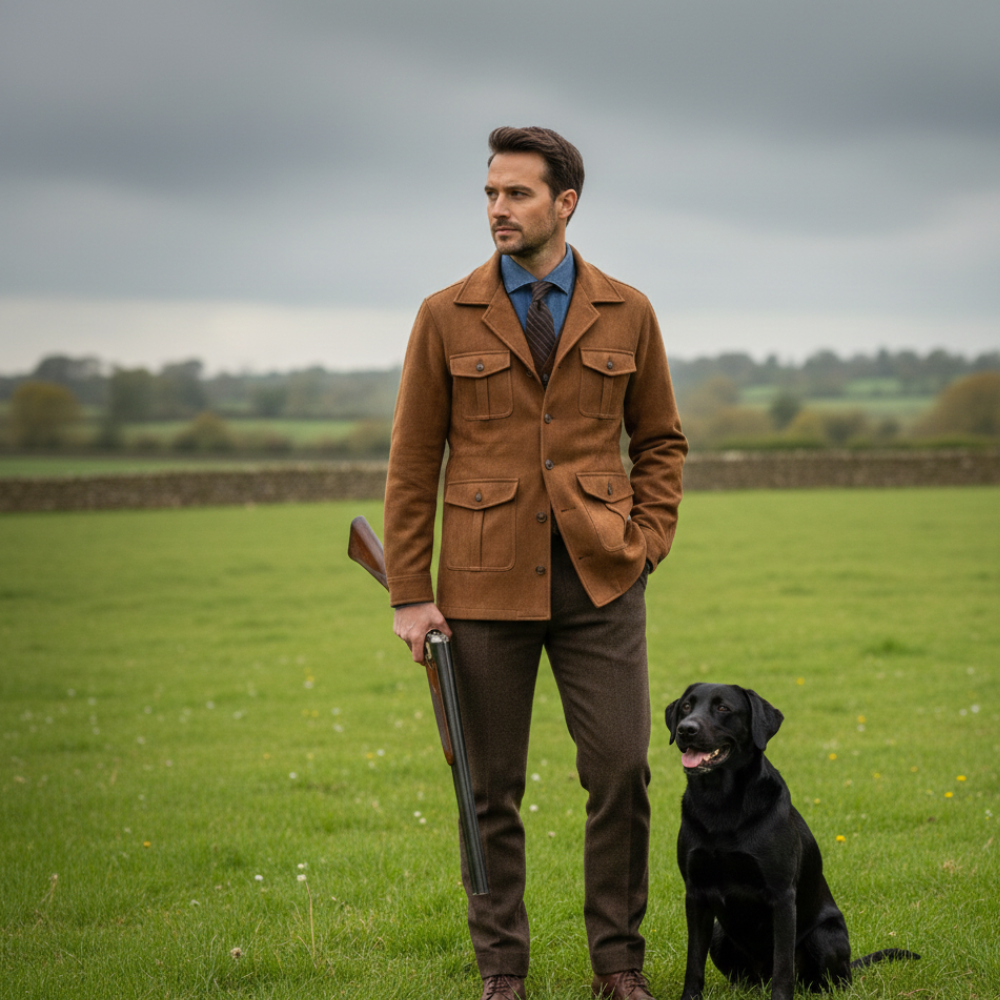 Men’s Suede-Look Country Hunting Jacket - Button up with Pockets