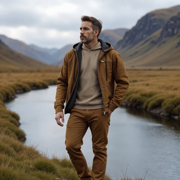 Men's Waterproof Outdoor Jacket with Hood, Country style with Fur Lining
