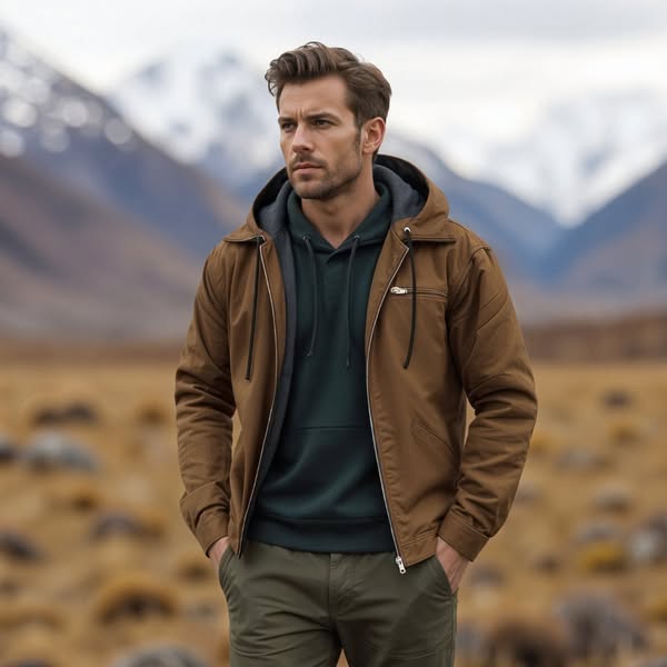 Men's Waterproof Outdoor Jacket with Hood, Country style with Fur Lining