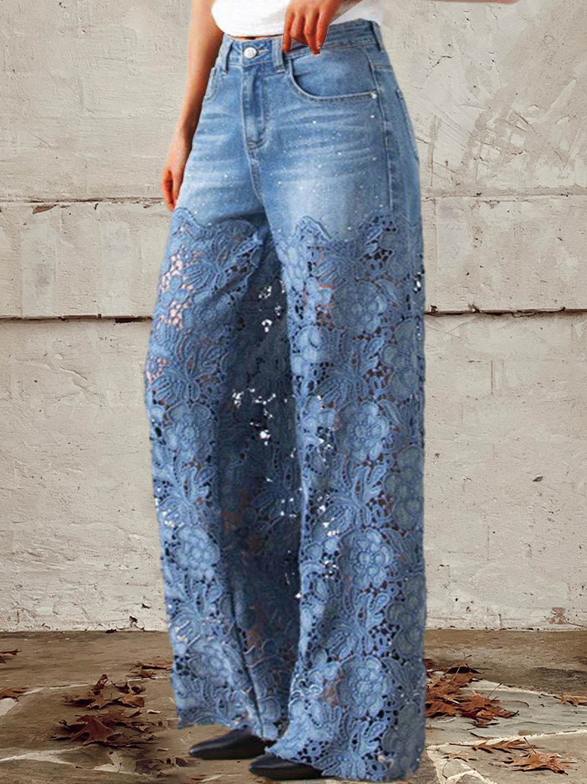 Olivia | Stylish Denim Pants with Wide Leg Lace for Women
