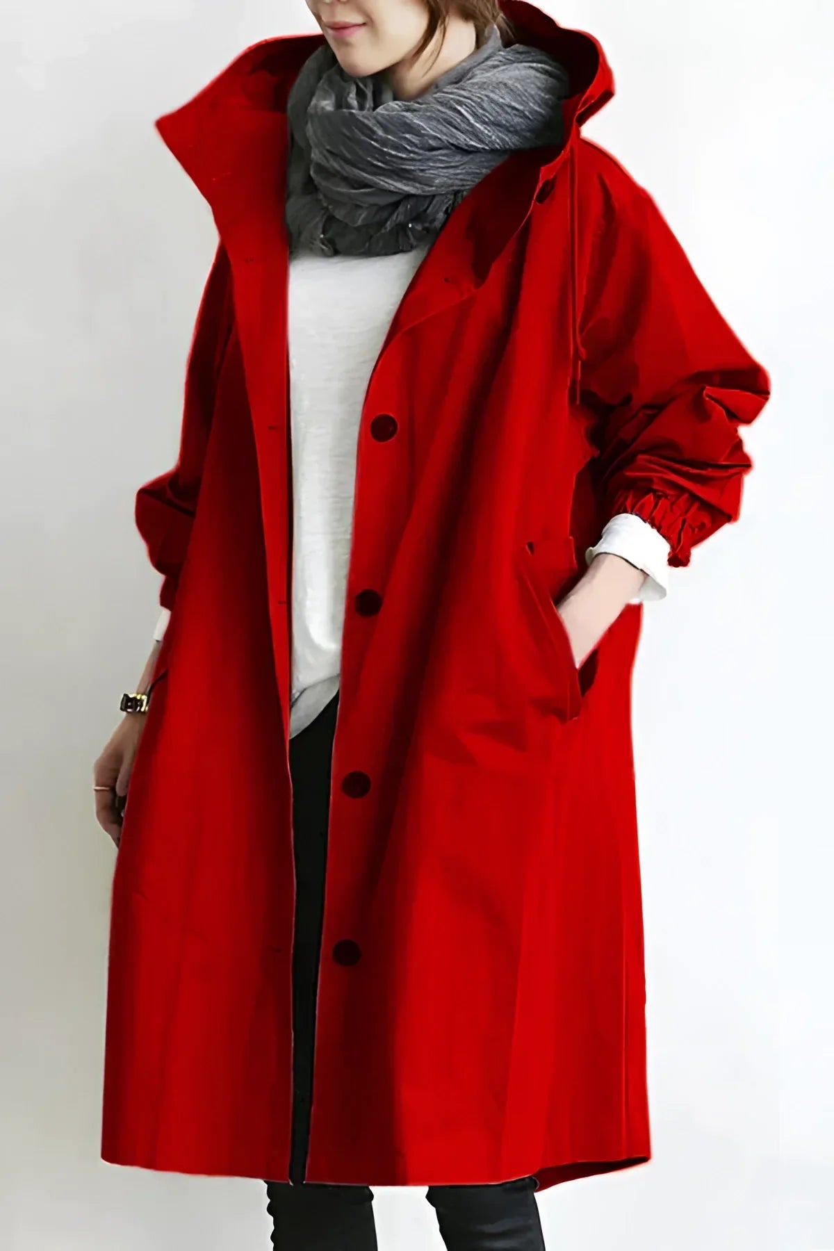 Hooded Coat with Buttons for Women