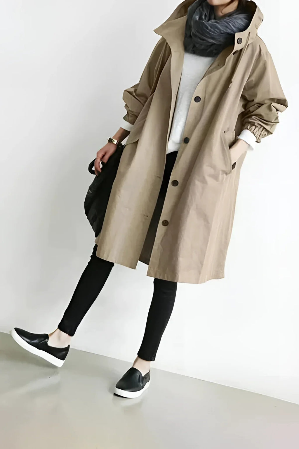 Hooded Coat with Buttons for Women