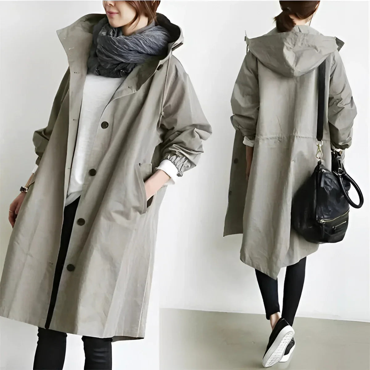 Hooded Coat with Buttons for Women
