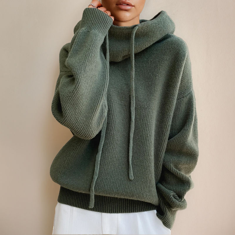 Women's Cowl Neck Knit Hoodie – Comfortable Relaxed Fit Pullover