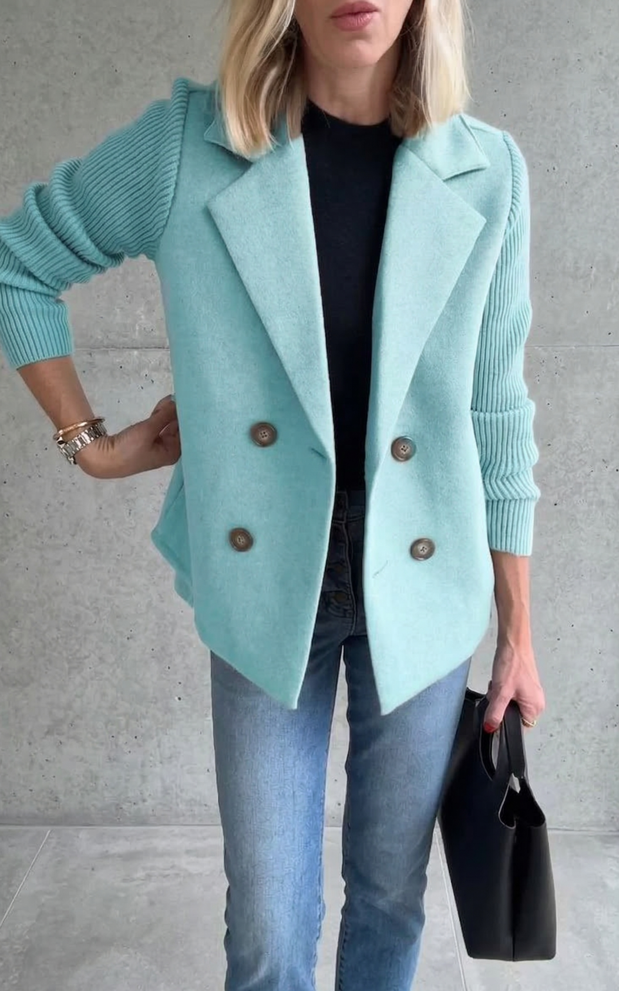 Women’s Double-Breasted Blazer – Knitted Sleeve Style
