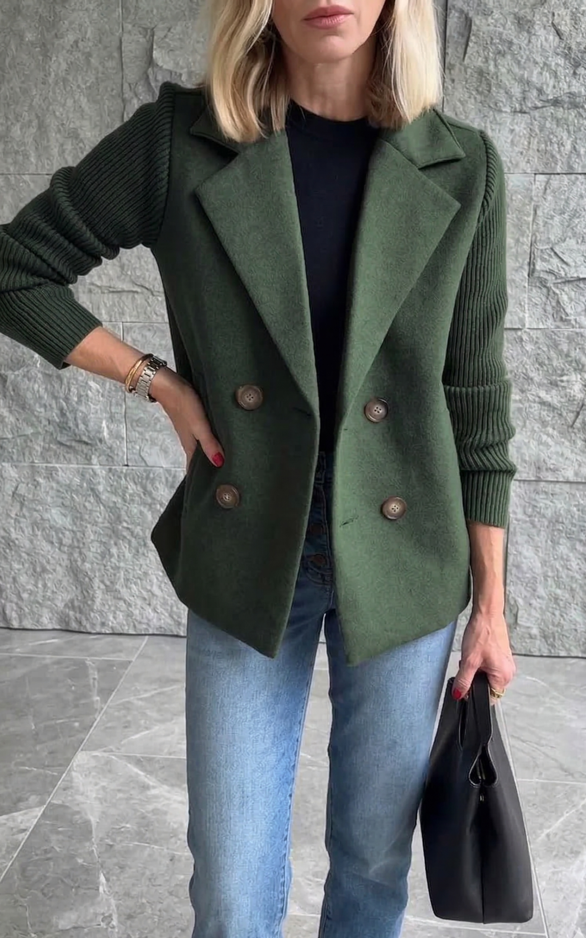 Women’s Double-Breasted Blazer – Knitted Sleeve Style