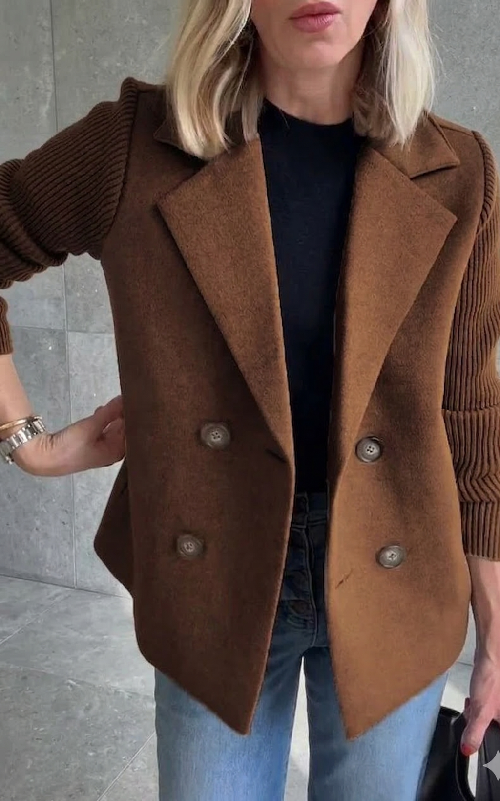 Women’s Double-Breasted Blazer – Knitted Sleeve Style