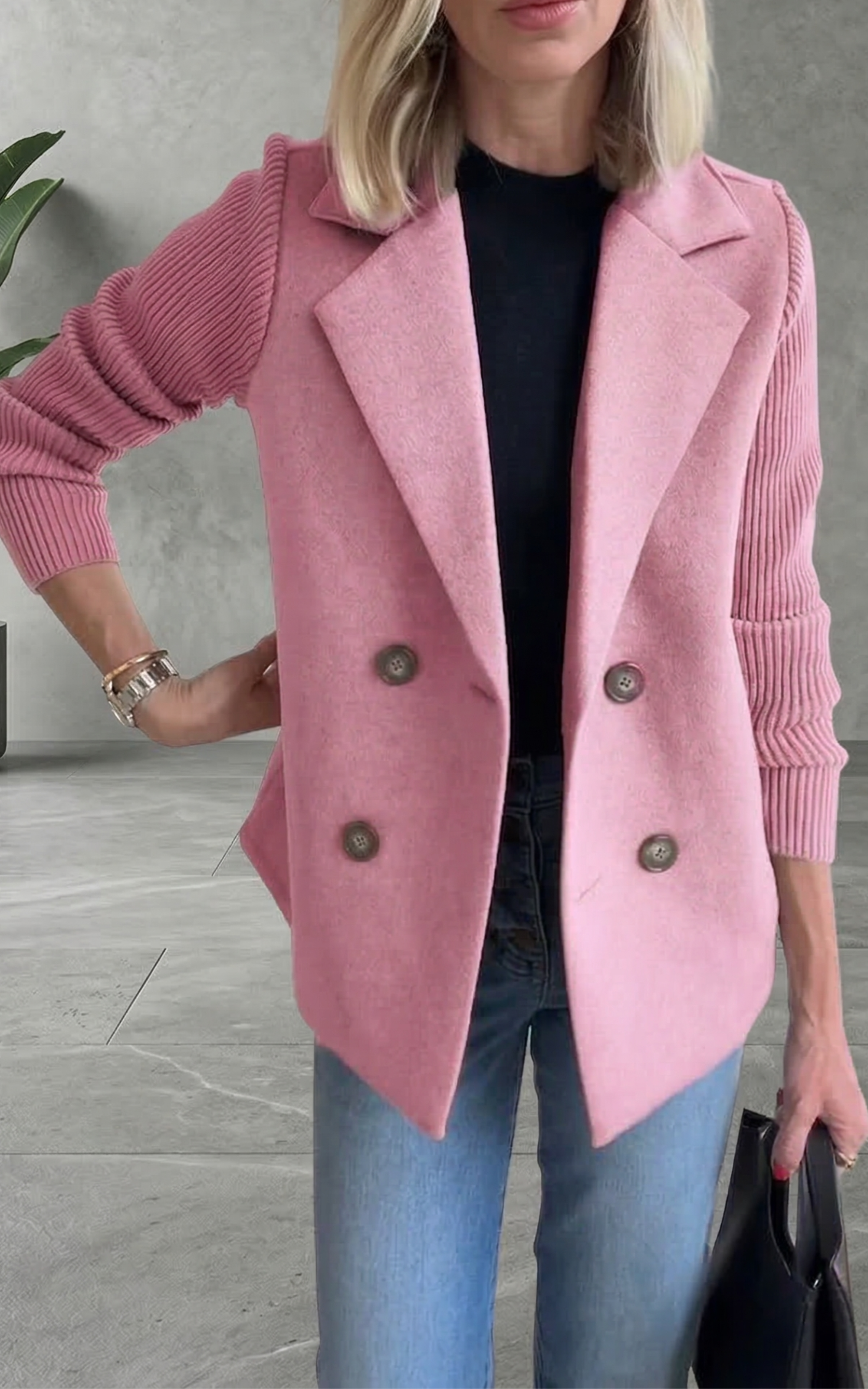 Women’s Double-Breasted Blazer – Knitted Sleeve Style