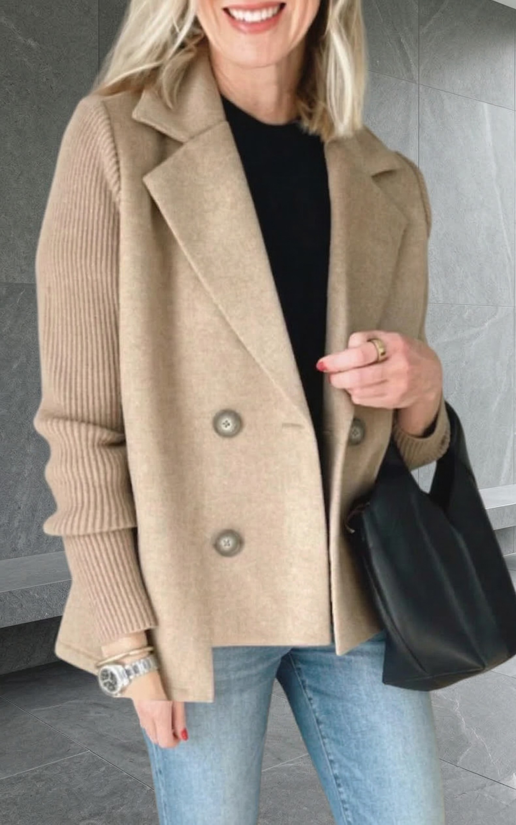 Women’s Double-Breasted Blazer – Knitted Sleeve Style