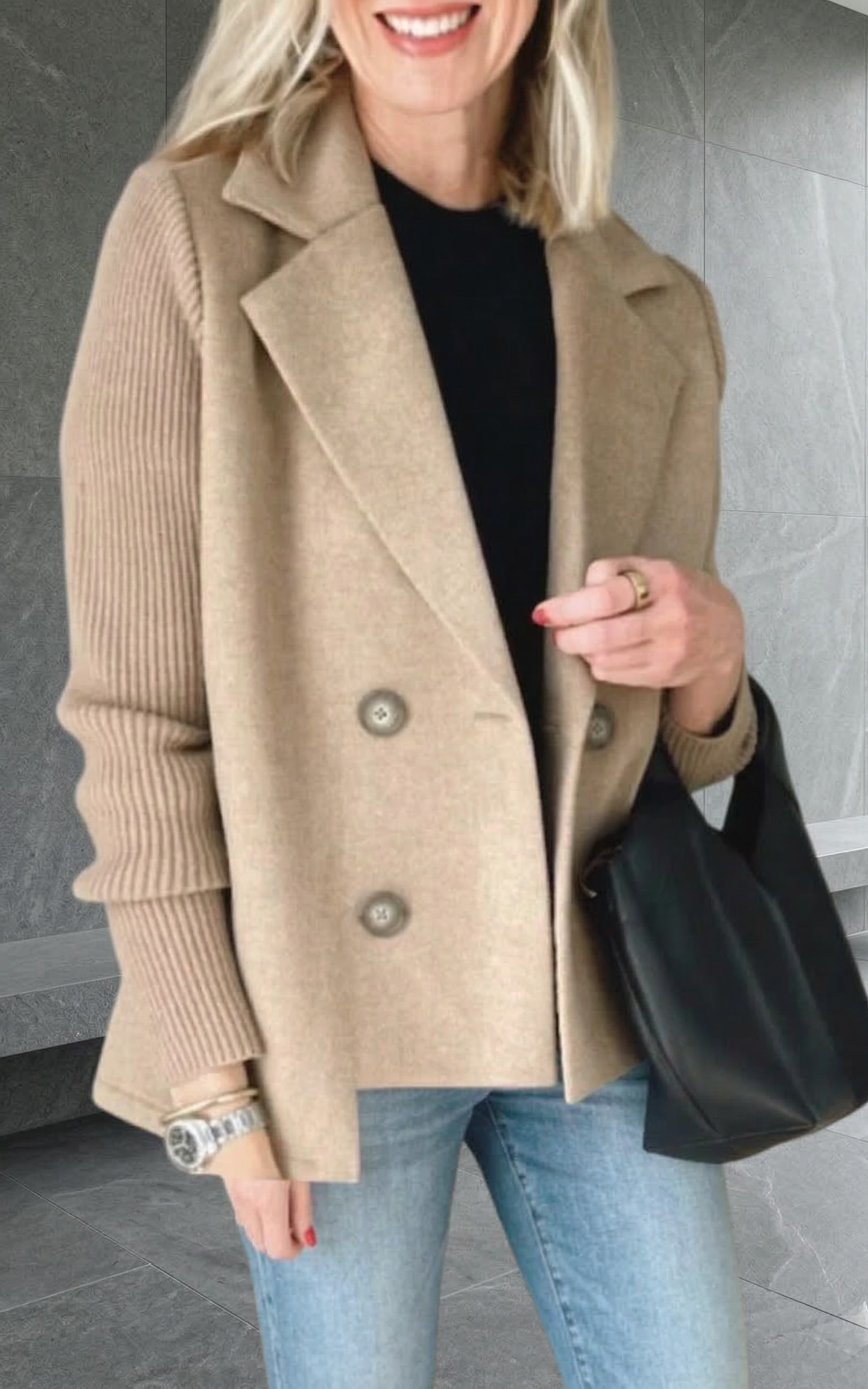 Women’s Double-Breasted Blazer – Knitted Sleeve Style