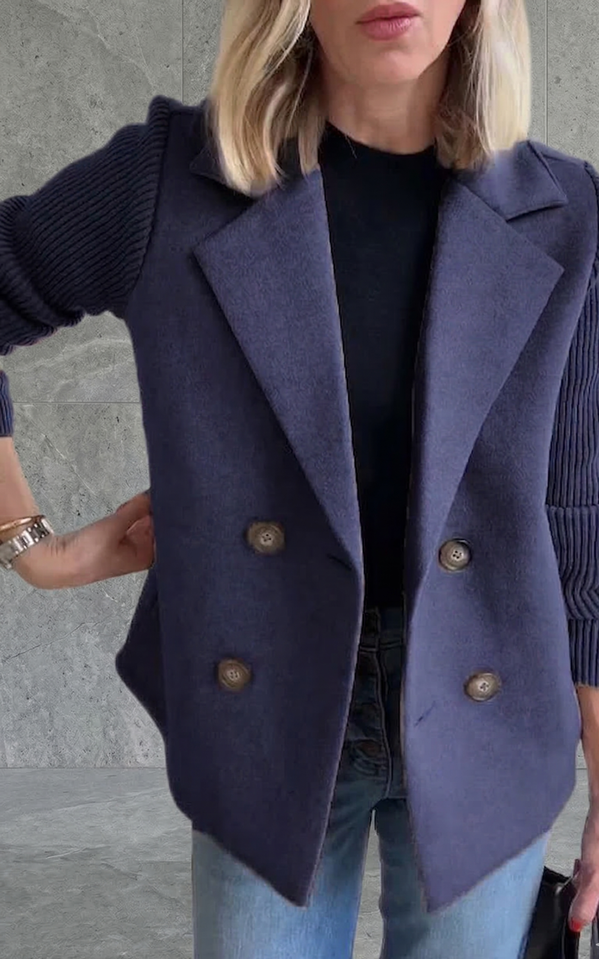 Women’s Double-Breasted Blazer – Knitted Sleeve Style