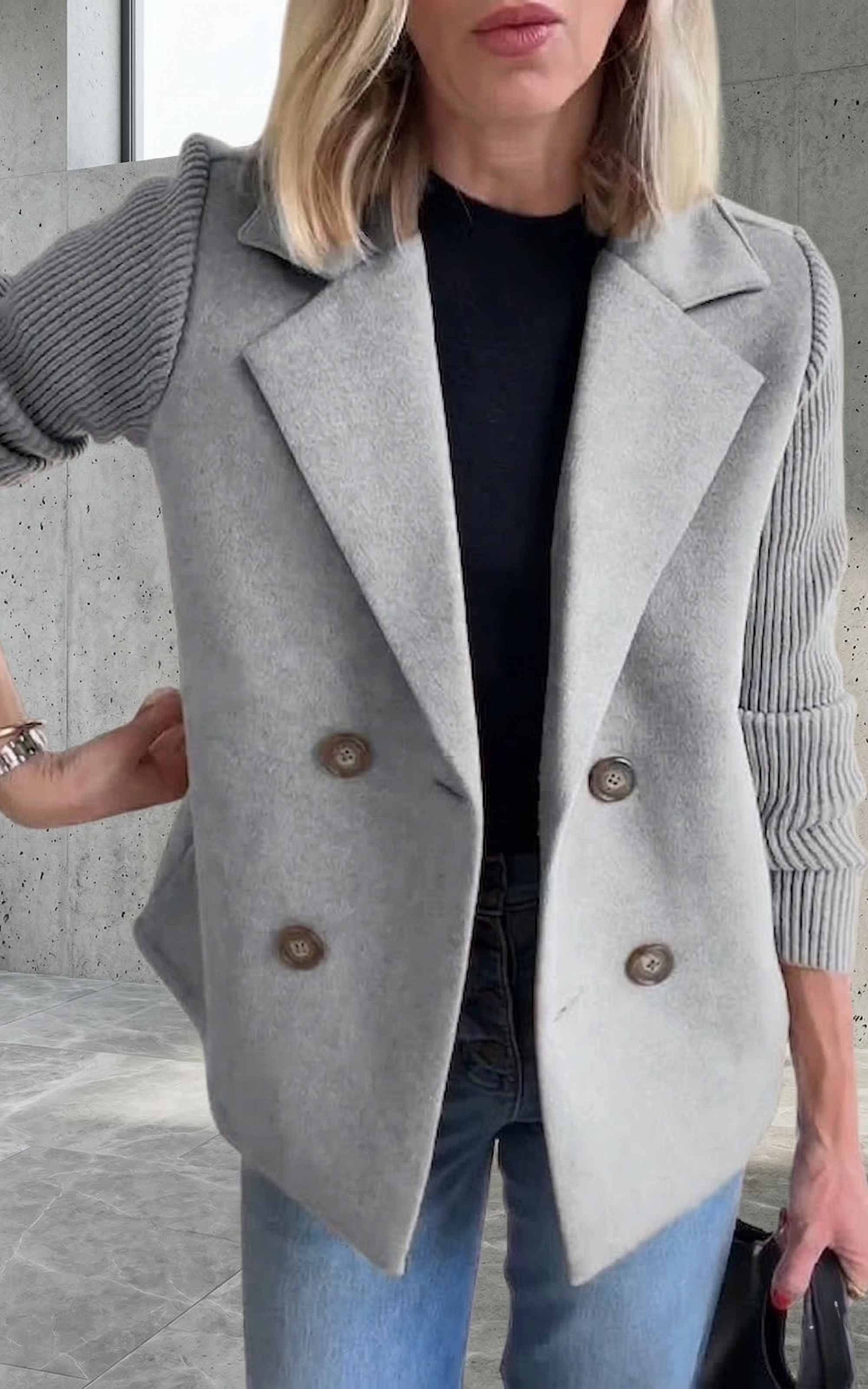 Women’s Double-Breasted Blazer – Knitted Sleeve Style