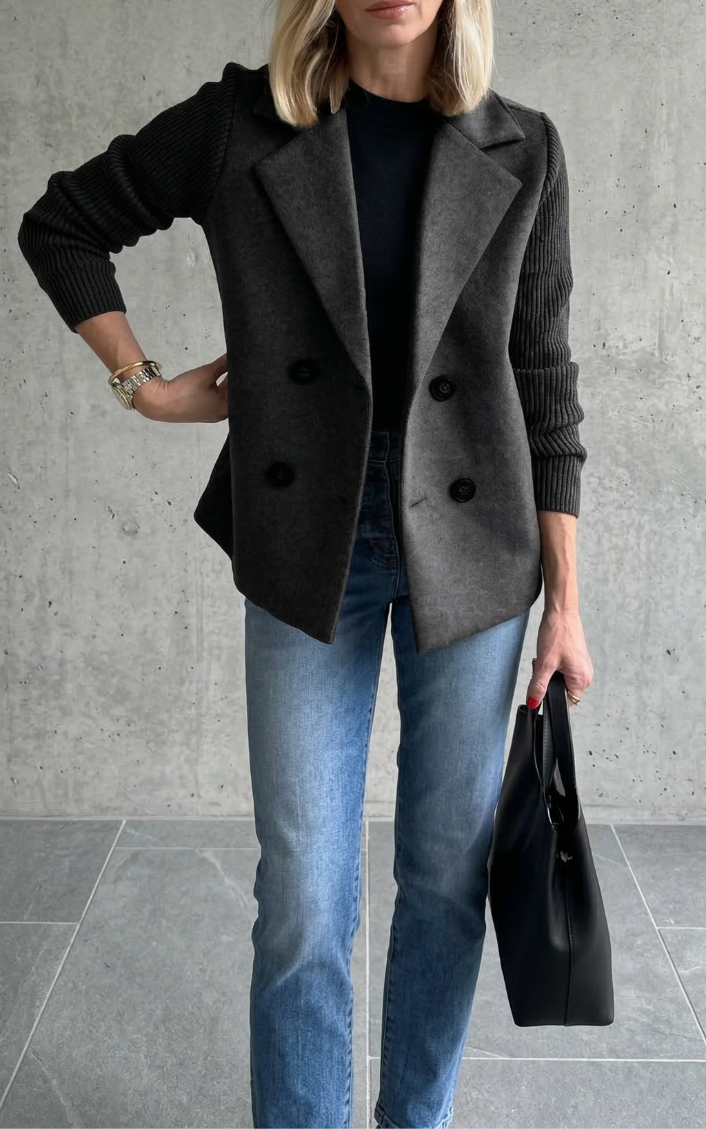 Women’s Double-Breasted Blazer – Knitted Sleeve Style