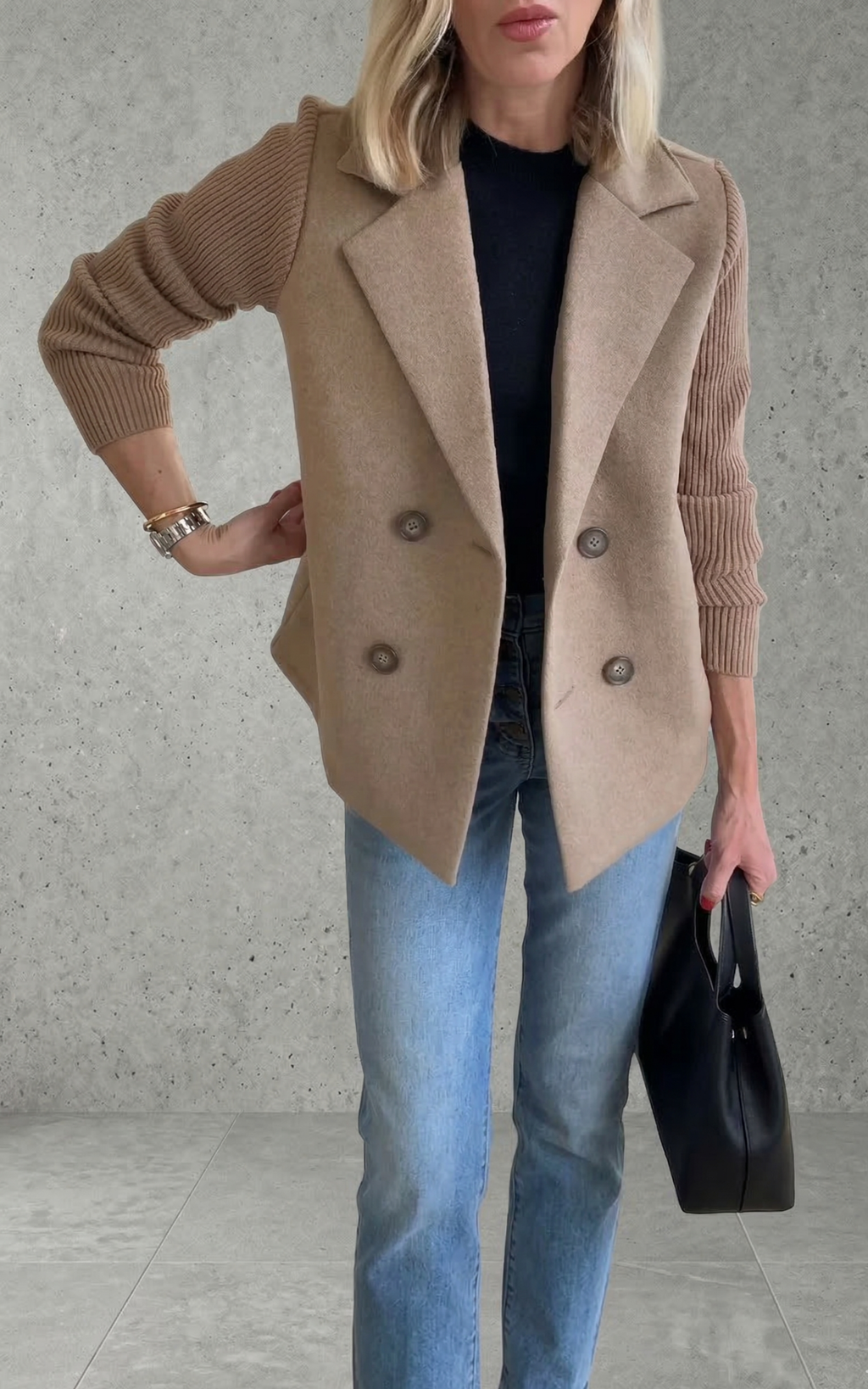 Women’s Double-Breasted Blazer – Knitted Sleeve Style